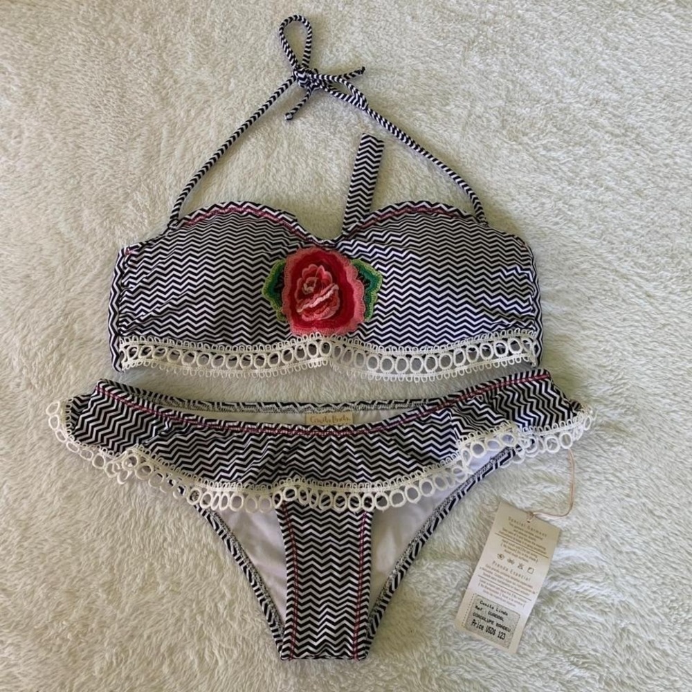 Women's Large COSITA‎ LINDA Guadalupe Chevron Floral Ruffle Bandeau Bikini Set